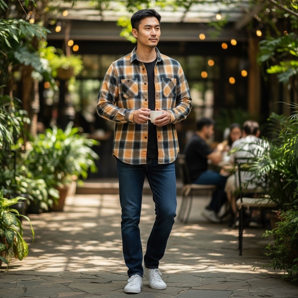 Mens Flannel Shirt‎ Orange Black Plaid Long Sleeve Button Up Casual Outdoor